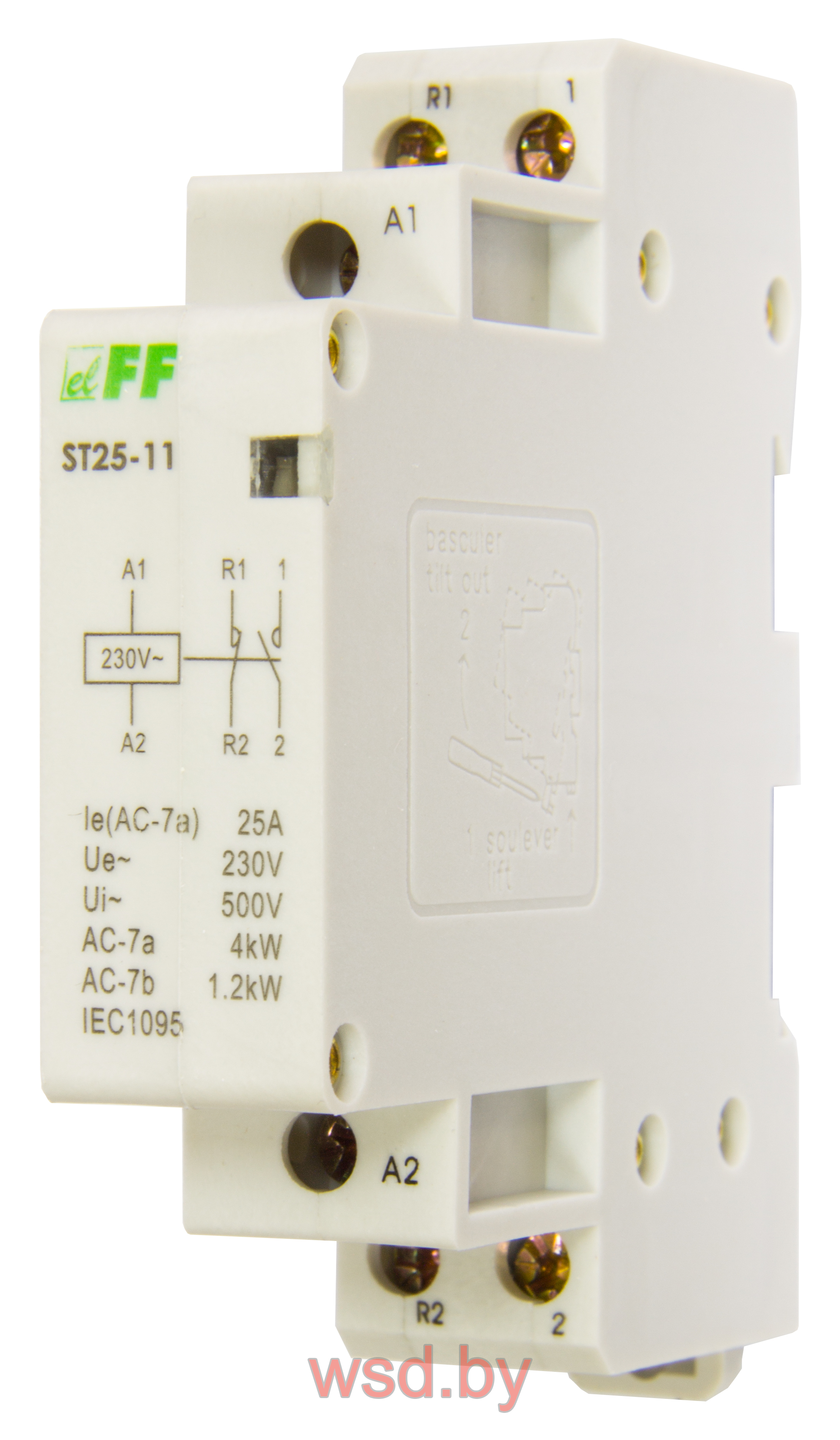 ST25-11 Контактор модульный, 2.2Вт, контакт 1NO+1NC, 1 модуль, монтаж на DIN-рейке 230В AC 25А IP20